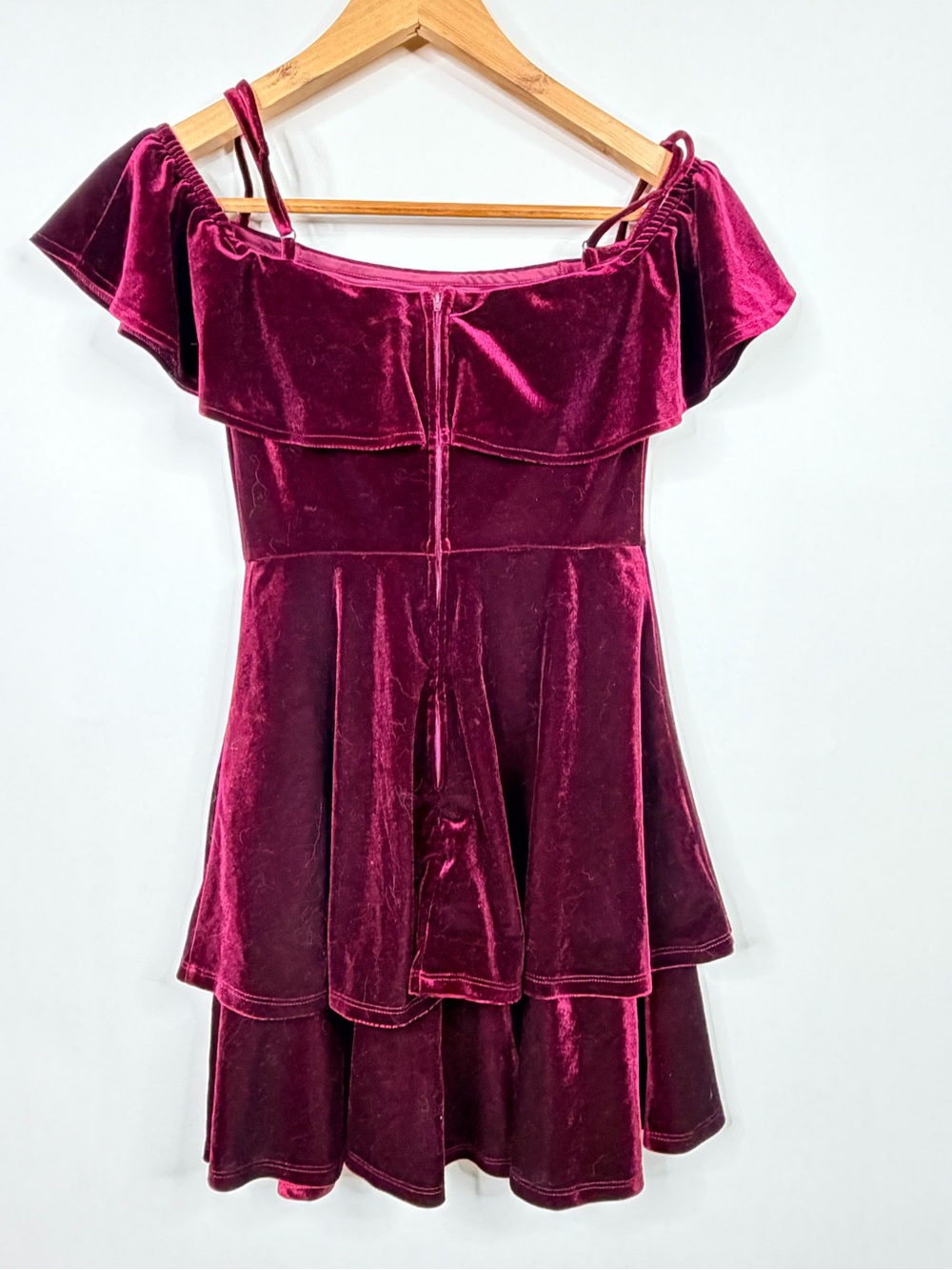 B. Darlin Velvet Off-Shoulder Ruffle Tiered Dress in Deep Berry